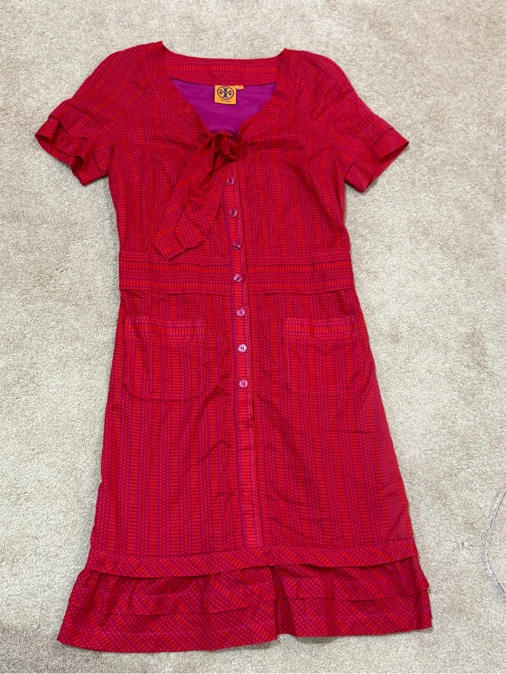 Tory Burch Red Purple Printed Cotton Button Front Dress Size 2